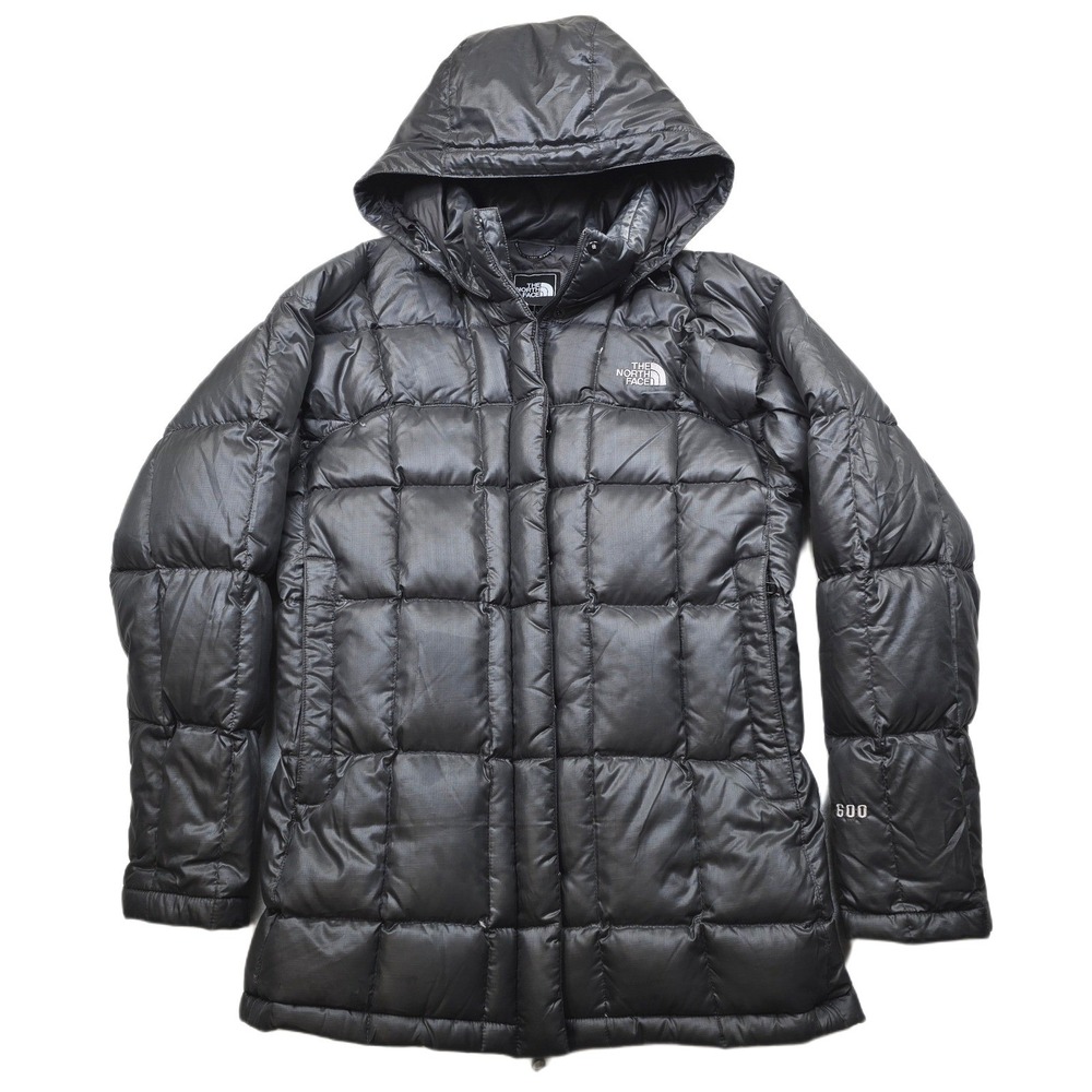 The North Face Down Puffer Coat Womens Medium Gray‎ Hooded Parka 600 Fill